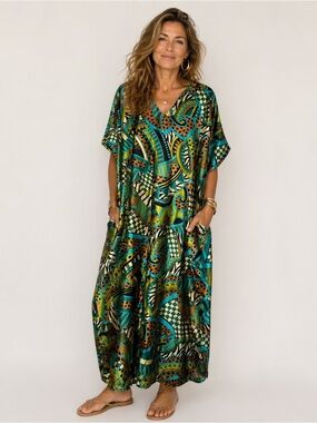 Winlar Vintage Abstract Caftan Dress Mumu Maxi Dress